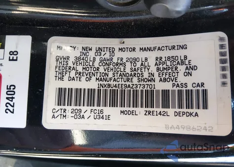 2010 Toyota Corolla Le z USA, uszkodzony, nr VIN 1NXBU4EE9AZ373701